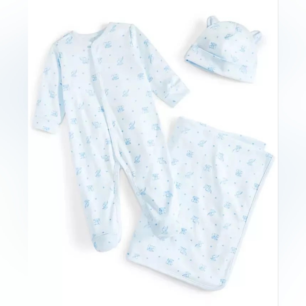 First Impressions Coverall Hat and Blanket 3 Pc Gift Set Baby Unisex Blue